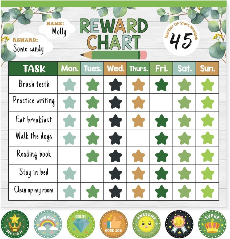 KEASKELL Reward Chart for Kids,Magnetic Behavior Chore Chart for Kids at Home,26 Eucalyptus Chore Charts,1960 Star Stickers,56 Reward Stickers,Incentive Chart to Develop Responsibility and Good Habits,Greenery - Image 1